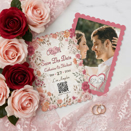 Pink & Red Vintage Spring Floral QR Code Photo Save The Date