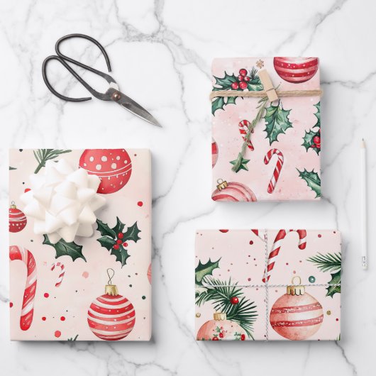 Pink Red Vintage Weihnachten Geschenkpapier Set (Vorderseite)