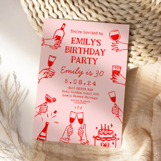 Pink Red Whimsical Hand Zeichnend Funky Birthday Einladung