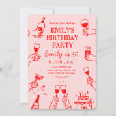 Pink Red Whimsical Hand Zeichnend Funky Birthday Einladung (Vorderseite)
