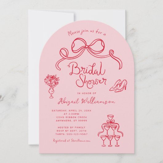 Pink Red Whimsical Handgezeichnetes Brautparty Einladung (Vorderseite)