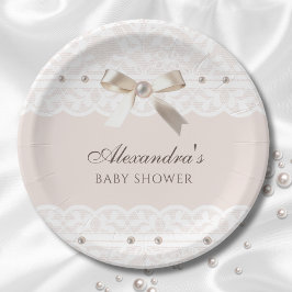 Pink Regency Pearl Satin Bow Lace Baby Dusche Pappteller