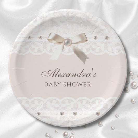 Pink Regency Pearl Satin Bow Lace Baby Dusche Pappteller