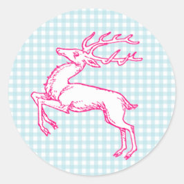 Pink Reindeer Blue Gingham Runder Aufkleber
