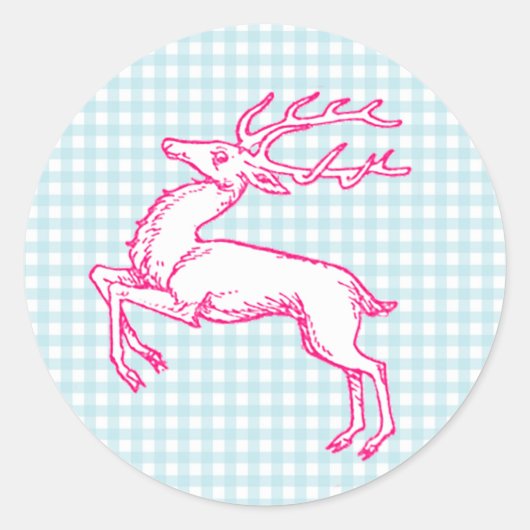 Pink Reindeer Blue Gingham Runder Aufkleber (Vorderseite)