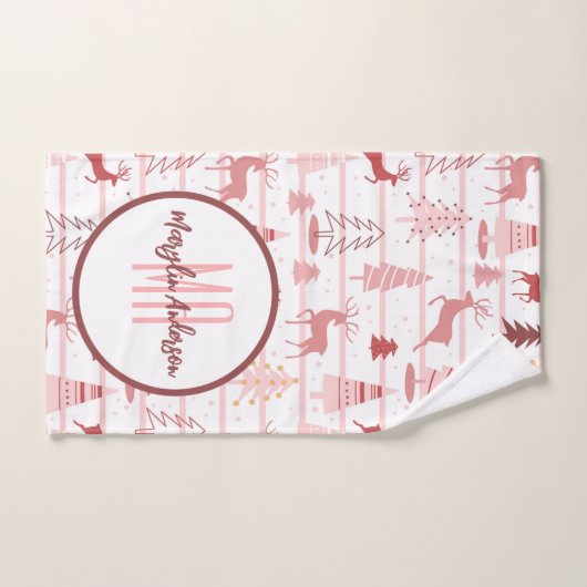 PINK REINDEER & CHRISTMAS BÄUME CUSTOM MONOGRAM BADHANDTUCH SET (Handtuch)