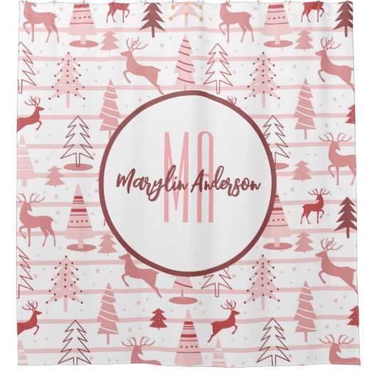PINK REINDEER & CHRISTMAS BÄUME CUSTOM MONOGRAM DUSCHVORHANG (Vorderseite)