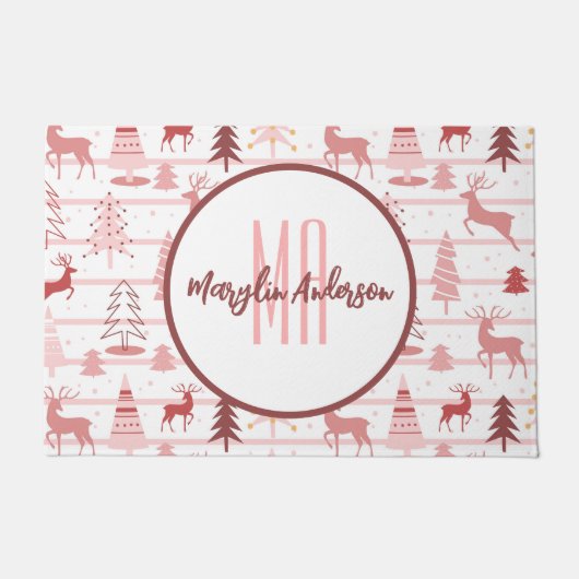 PINK REINDEER & CHRISTMAS BÄUME CUSTOM MONOGRAM FUßMATTE (Vorderseite)