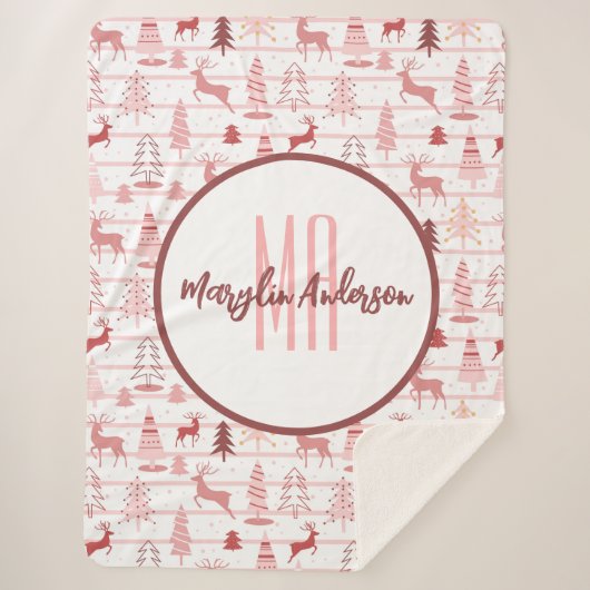 PINK REINDEER & CHRISTMAS BÄUME CUSTOM MONOGRAM SHERPADECKE (Vorderseite)