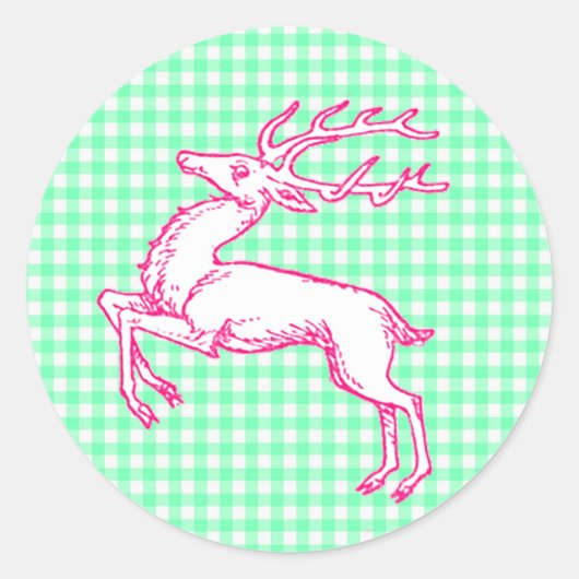 Pink Reindeer Green Gingham Runder Aufkleber (Vorderseite)