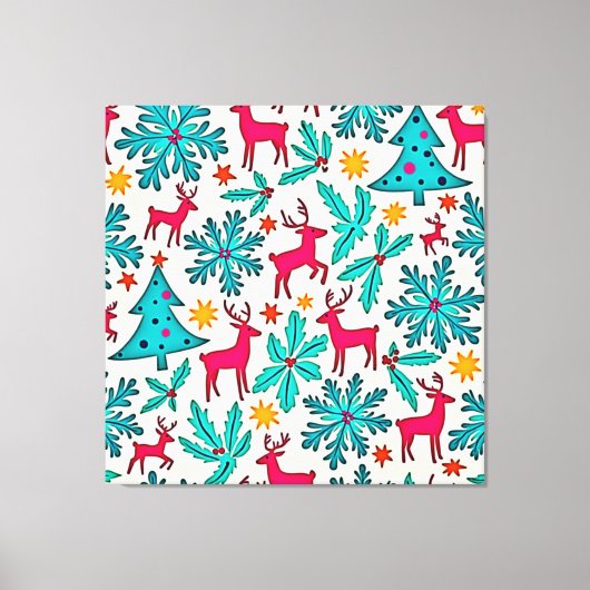 Pink Reindeer Teal Tree Pattern Design Leinwanddruck (Vorderseite)