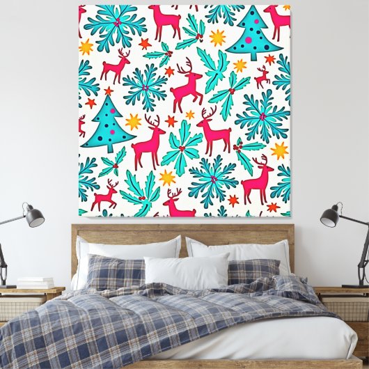 Pink Reindeer Teal Tree Pattern Design Leinwanddruck (Insitu (Schlafzimmer))
