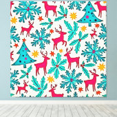 Pink Reindeer Teal Tree Pattern Design Leinwanddruck (Insitu (Holzboden))