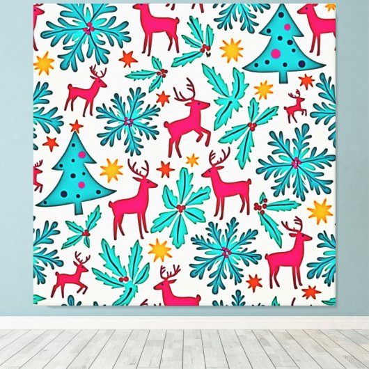 Pink Reindeer Teal Tree Pattern Design Leinwanddruck (Insitu (Holzboden))