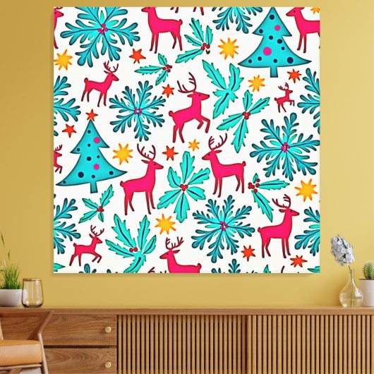 Pink Reindeer Teal Tree Pattern Design Leinwanddruck (Insitu (Wohnzimmer))