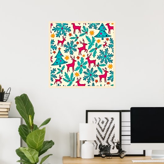 Pink Reindeer Teal Tree Pattern Design Poster (Heimbüro)