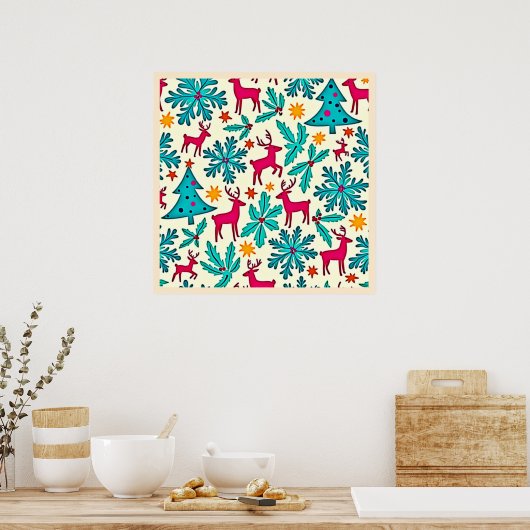 Pink Reindeer Teal Tree Pattern Design Poster (Küche)