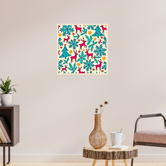 Pink Reindeer Teal Tree Pattern Design Poster (Wohnzimmer 3)