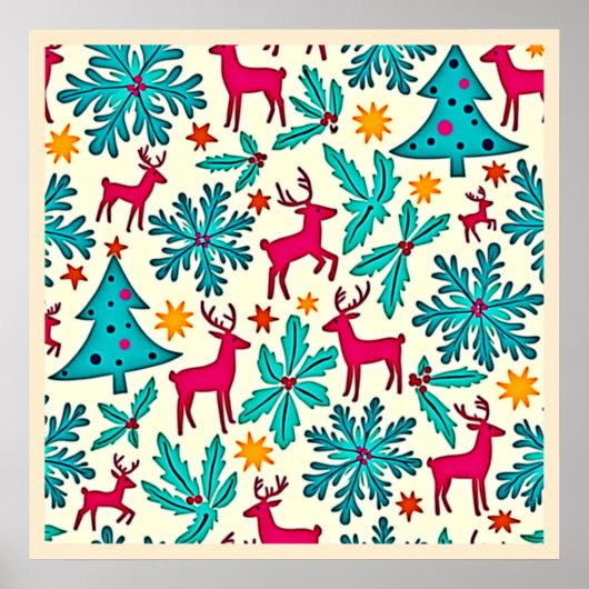 Pink Reindeer Teal Tree Pattern Design Poster (Vorne)