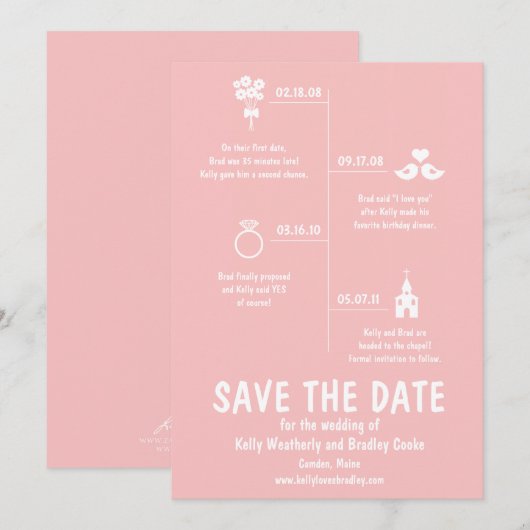 Pink Relationship Timeline Wedding Save the Date Einladung (Vorne/Hinten)