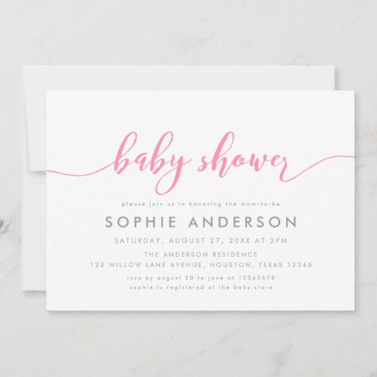 Pink Relax Script Baby Dusche Einladung (Vorderseite)
