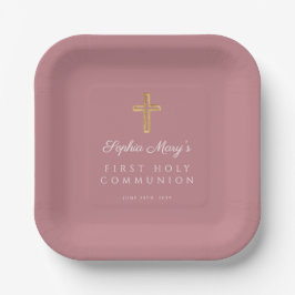 Pink Religious Cross Girl First Communion Pappteller