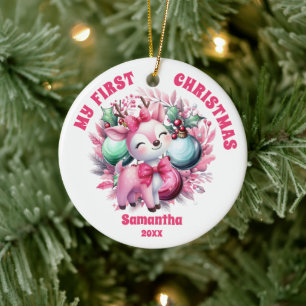 Pink Rentier Baby's First Christmas Ornament