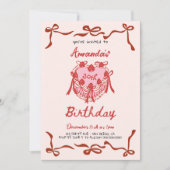 Pink Retro Cake and red Bow Coquette Birthday Einladung (Vorderseite)