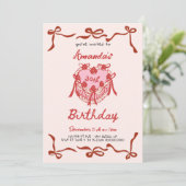 Pink Retro Cake and red Bow Coquette Birthday Einladung (Stehend Vorderseite)