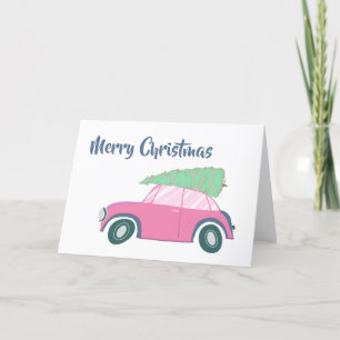 Pink Retro Car und Baum Whimsischer Weihnachtsgesc Feiertagskarte