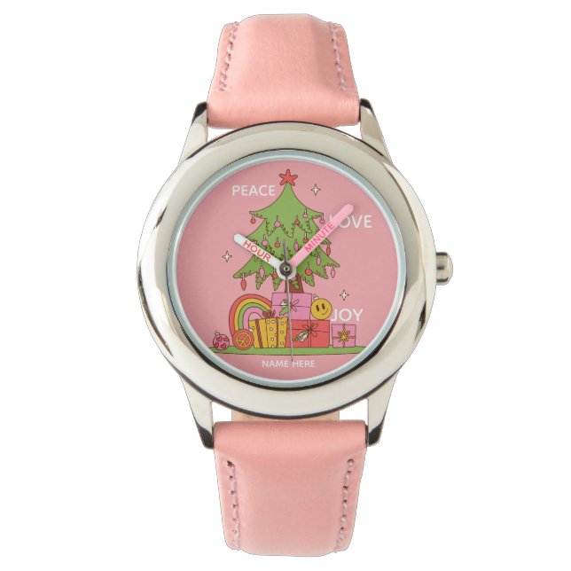 Pink Retro Christmas Girls Armbanduhr (Vorderseite)