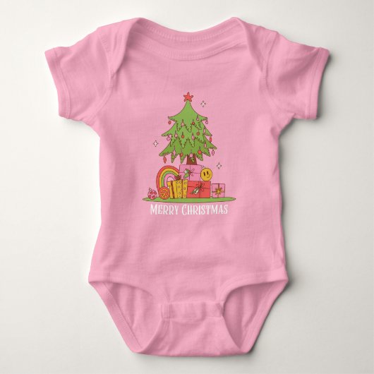 Pink Retro Christmas Tree Baby Girl Baby Strampler (Vorderseite)