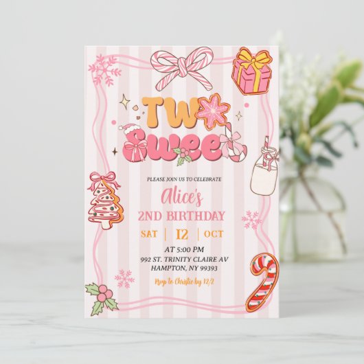 Pink Retro Christmas Winter Two Sweet Birthday Einladung (Stehend Vorderseite)