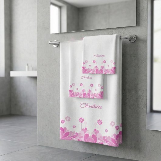 Pink Retro Floral Bloom Bath Towel Set