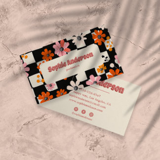 Pink Retro Floral Checkered Business Card Visitenkarte