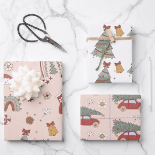 Pink Retro Groovy Car Weihnachtsbaum Geschenkpapier Set