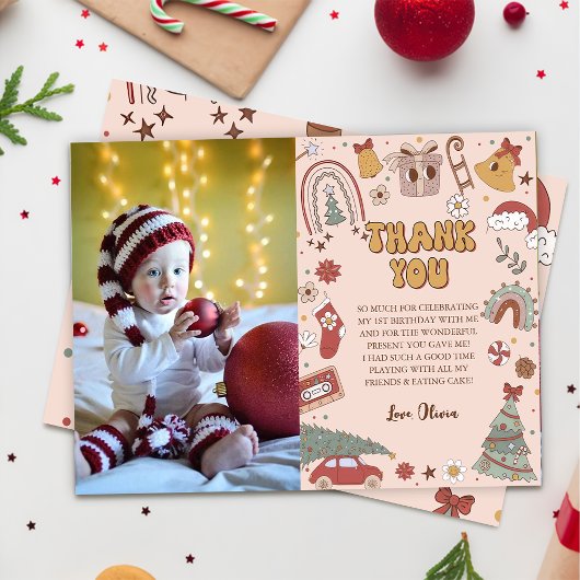 Pink Retro Groovy Weihnachtsbaum Geburtstag Dankeskarte