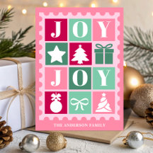 Pink Retro Joy Christmas Postage Stamp