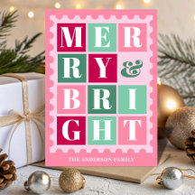 Pink Retro Merry & Bright Christmas Postage Stamp