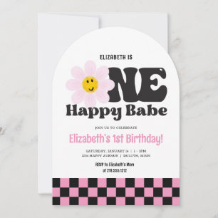 Pink Retro One Happy Babe 1. Geburtstag Einladung