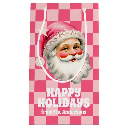 Pink Retro Santa Claus Pink Tartan Karierte Weihna Kleine Geschenktüte (Vorderseite)