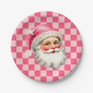 Pink Retro Santa Claus Pink Tartan Karierte Weihna Pappteller