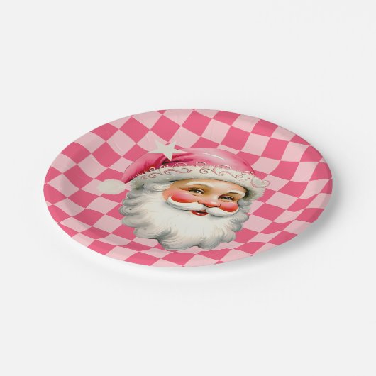 Pink Retro Santa Claus Pink Tartan Karierte Weihna Pappteller (Schrägansicht)
