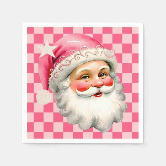 Pink Retro Santa Claus Pink Tartan Karierte Weihna Serviette (Vorderseite)