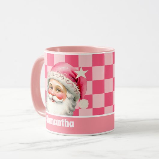 Pink Retro Santa Claus Pink Tartan Karierte Weihna Tasse (Vorderseite Links)