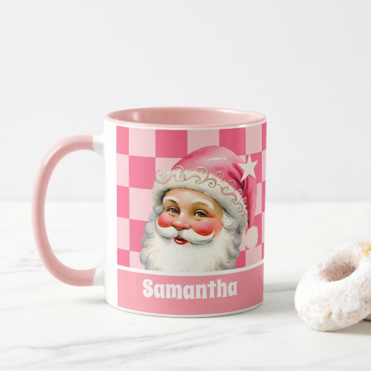 Pink Retro Santa Claus Pink Tartan Karierte Weihna Tasse (Mit Donut)