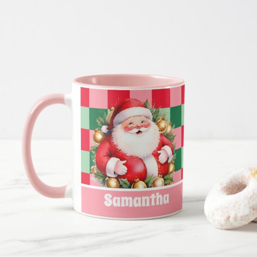 Pink Retro Santa Claus Tartan Karierte Weihnachten Tasse (Mit Donut)