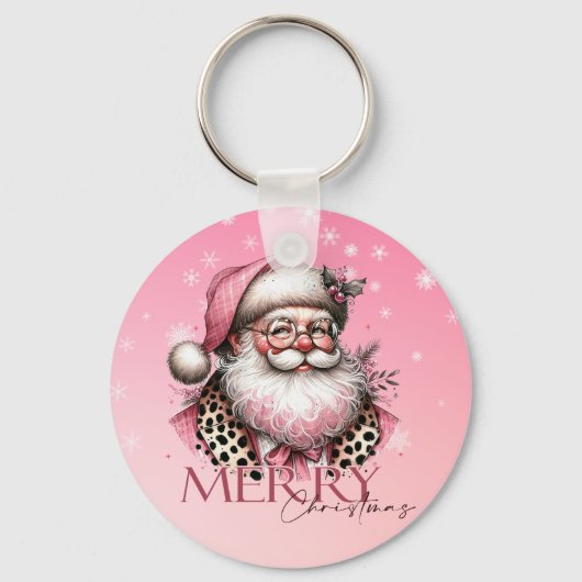 Pink Retro Santa Claus Vintag Frohe Weihnachten Schlüsselanhänger (Vorderseite)