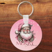 Pink Retro Santa Claus Vintag Frohe Weihnachten Schlüsselanhänger (Vorderseite)