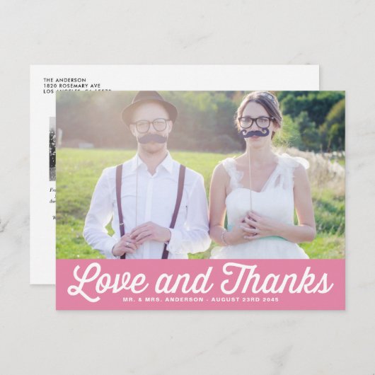 Pink Retro Script Foto Hochzeit Vielen Dank Postkarte (Vorne/Hinten)